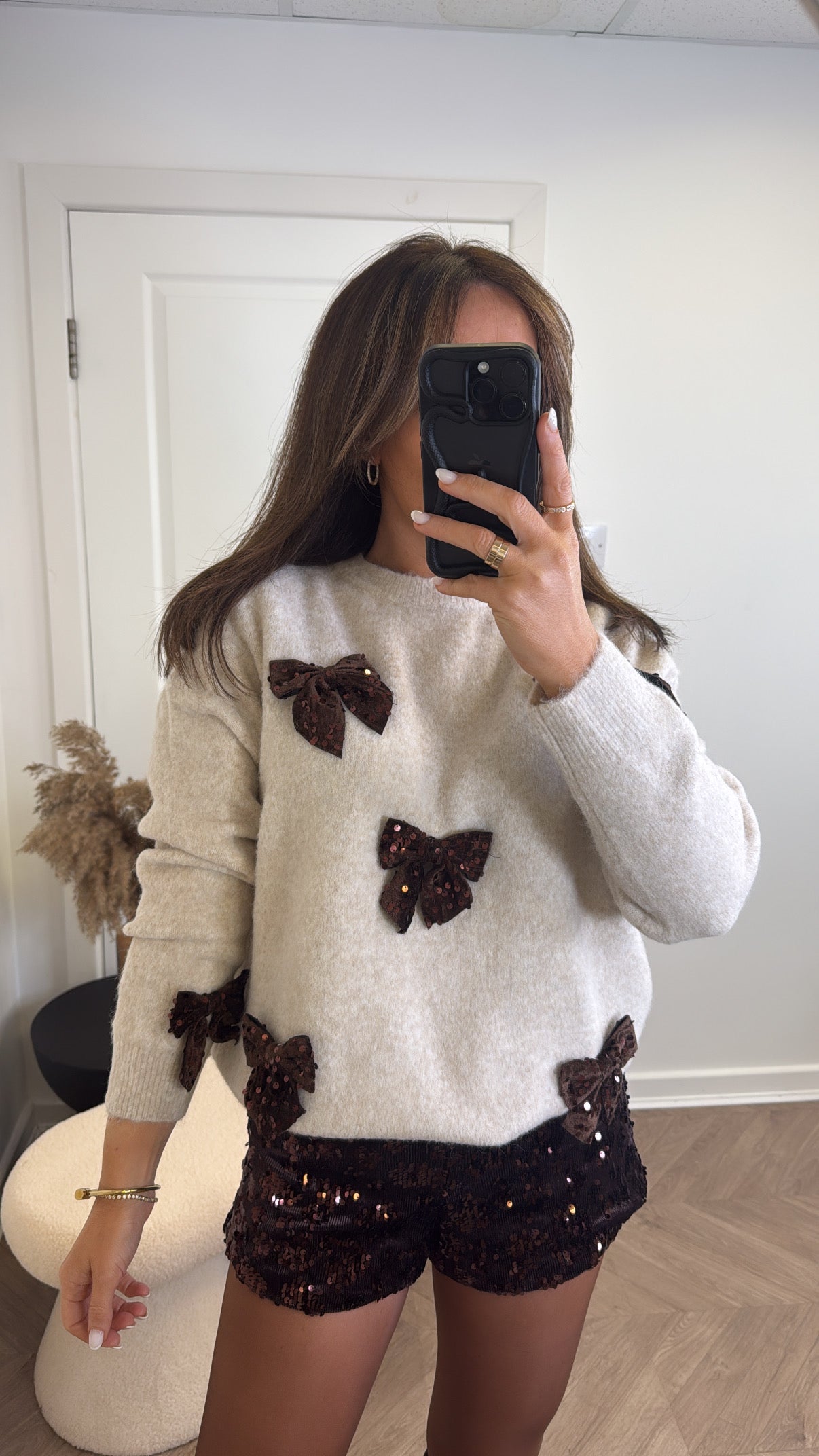 VERA beige soft knit jumper with sequin bows