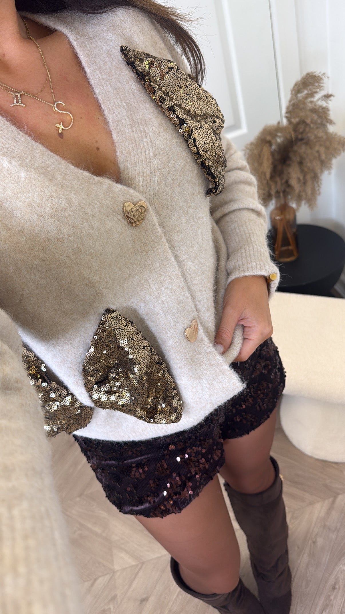 VALERIE beige soft knit cardigan with sequin bows