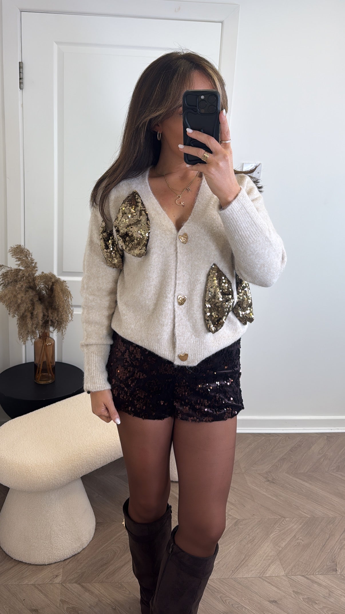 VALERIE beige soft knit cardigan with sequin bows