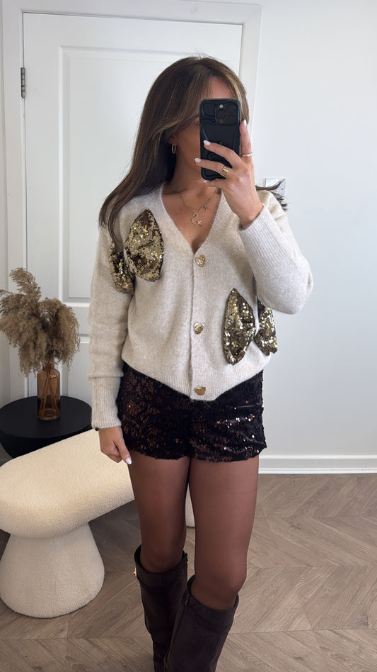 VALERIE beige soft knit cardigan with sequin bows