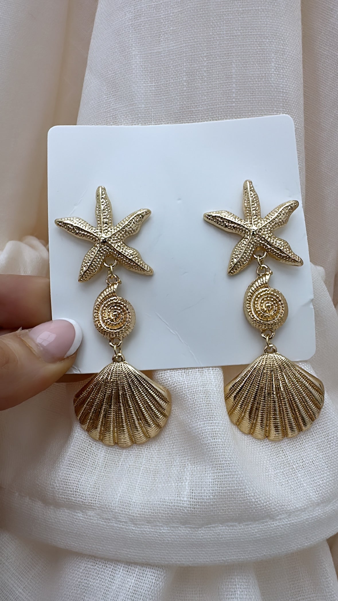 SALLY gold starfish & shell drop earrings