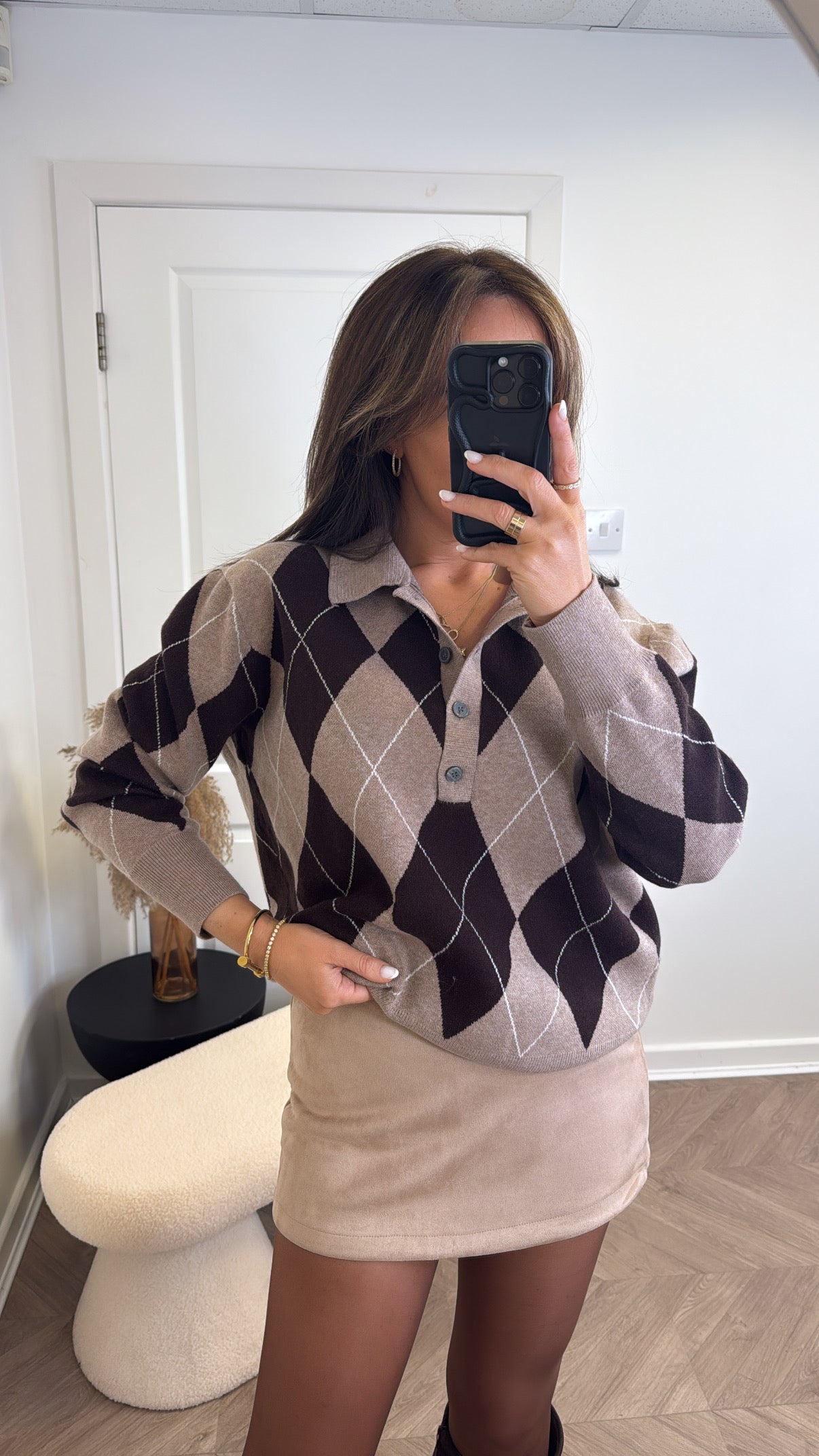 PHOEBE mocha and brown diamond print jumper