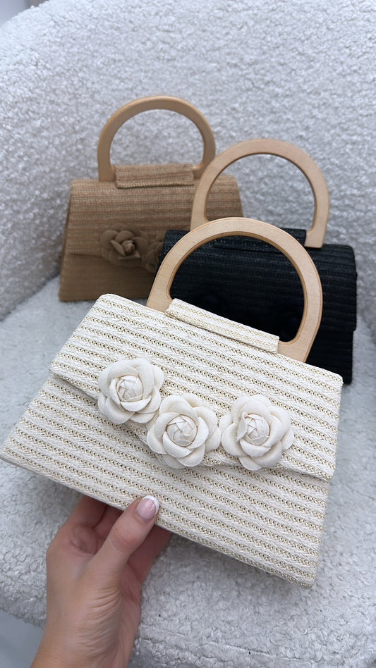 REMI cream woven grab bag with wooden handle