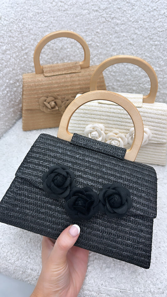 REMI black woven grab bag with wooden handle