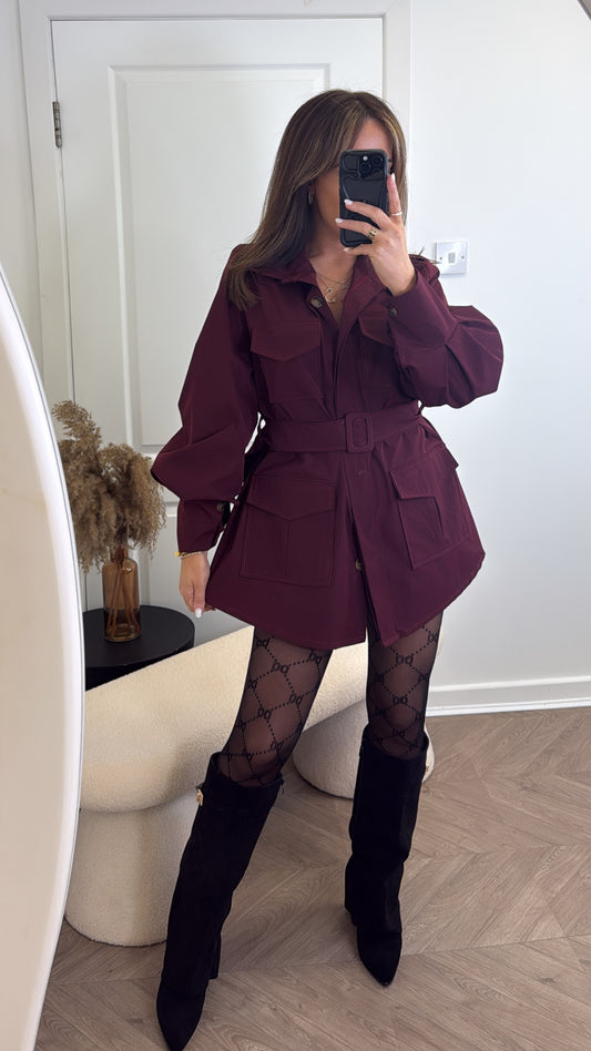 SERAFINA burgundy belted utility jacket