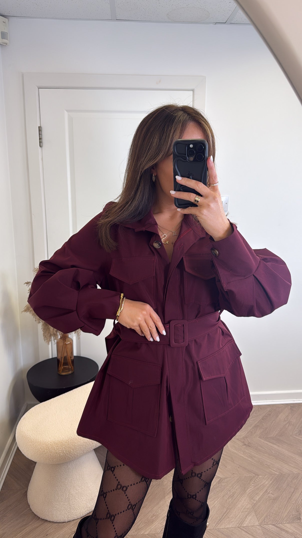 SERAFINA burgundy belted utility jacket
