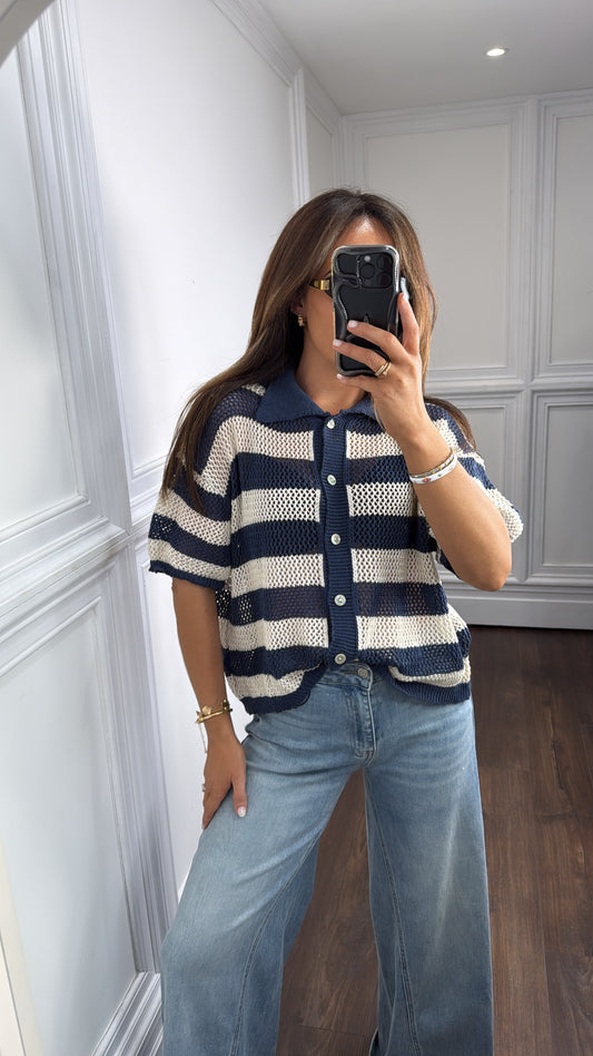 ROMI navy and cream stripe button up crochet top