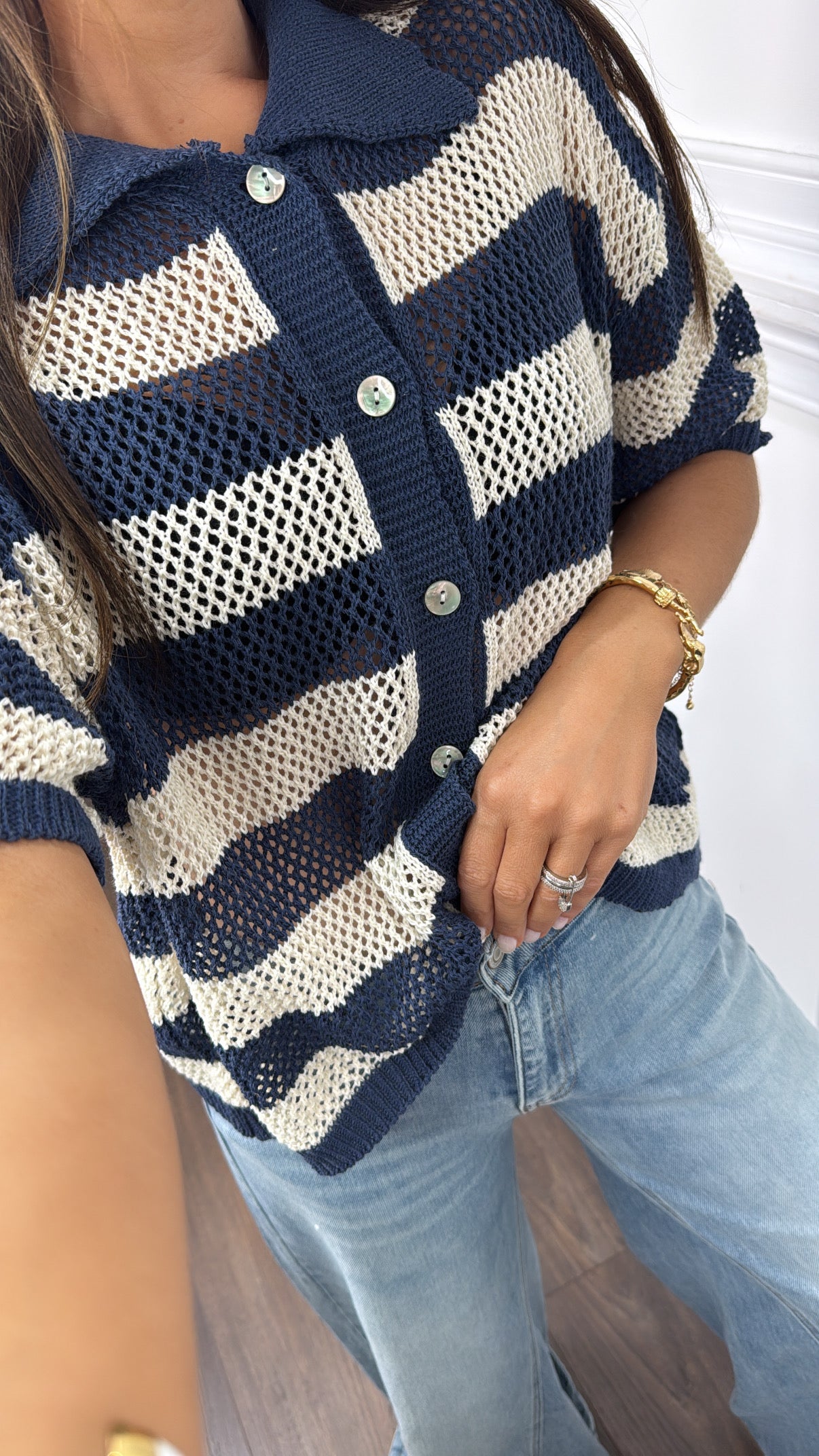 ROMI navy and cream stripe button up crochet top