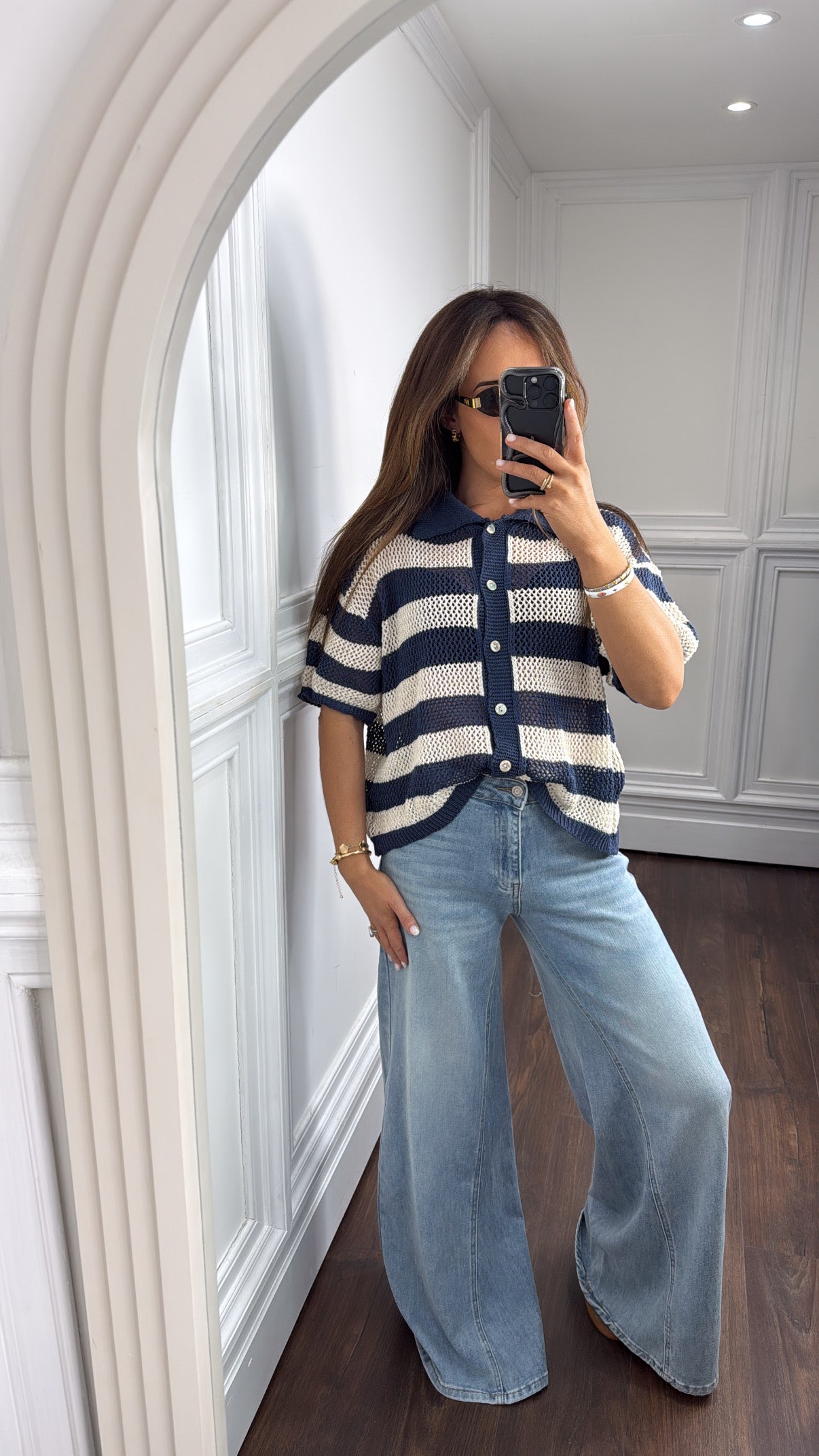 ROMI navy and cream stripe button up crochet top