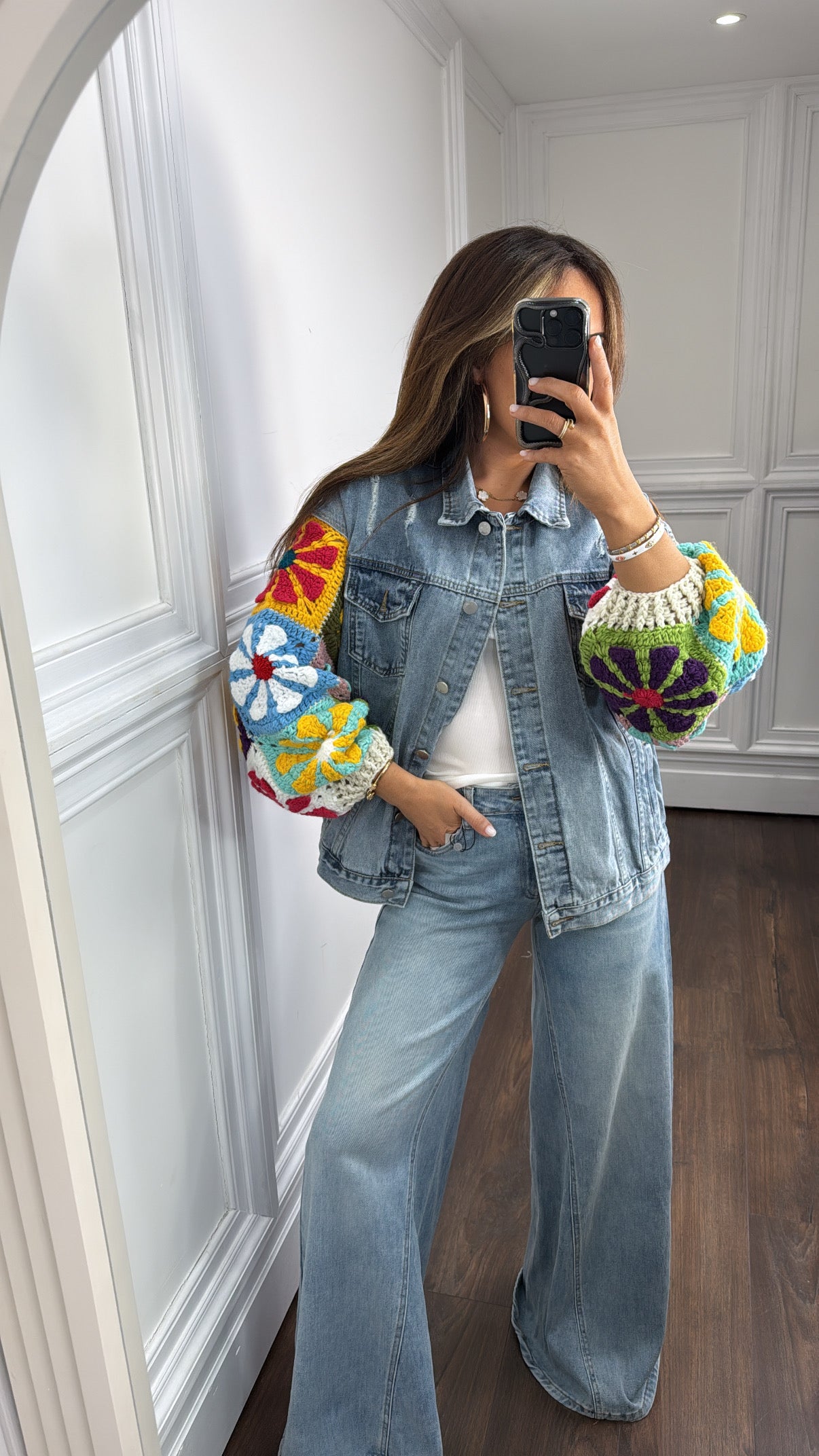 MISHA blue denim jacket with crochet sleeves