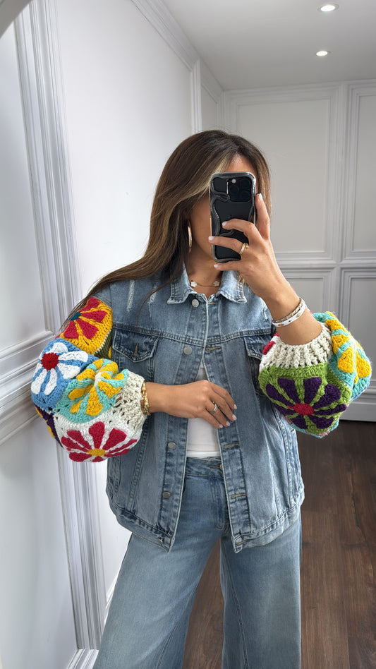 MISHA blue denim jacket with crochet sleeves