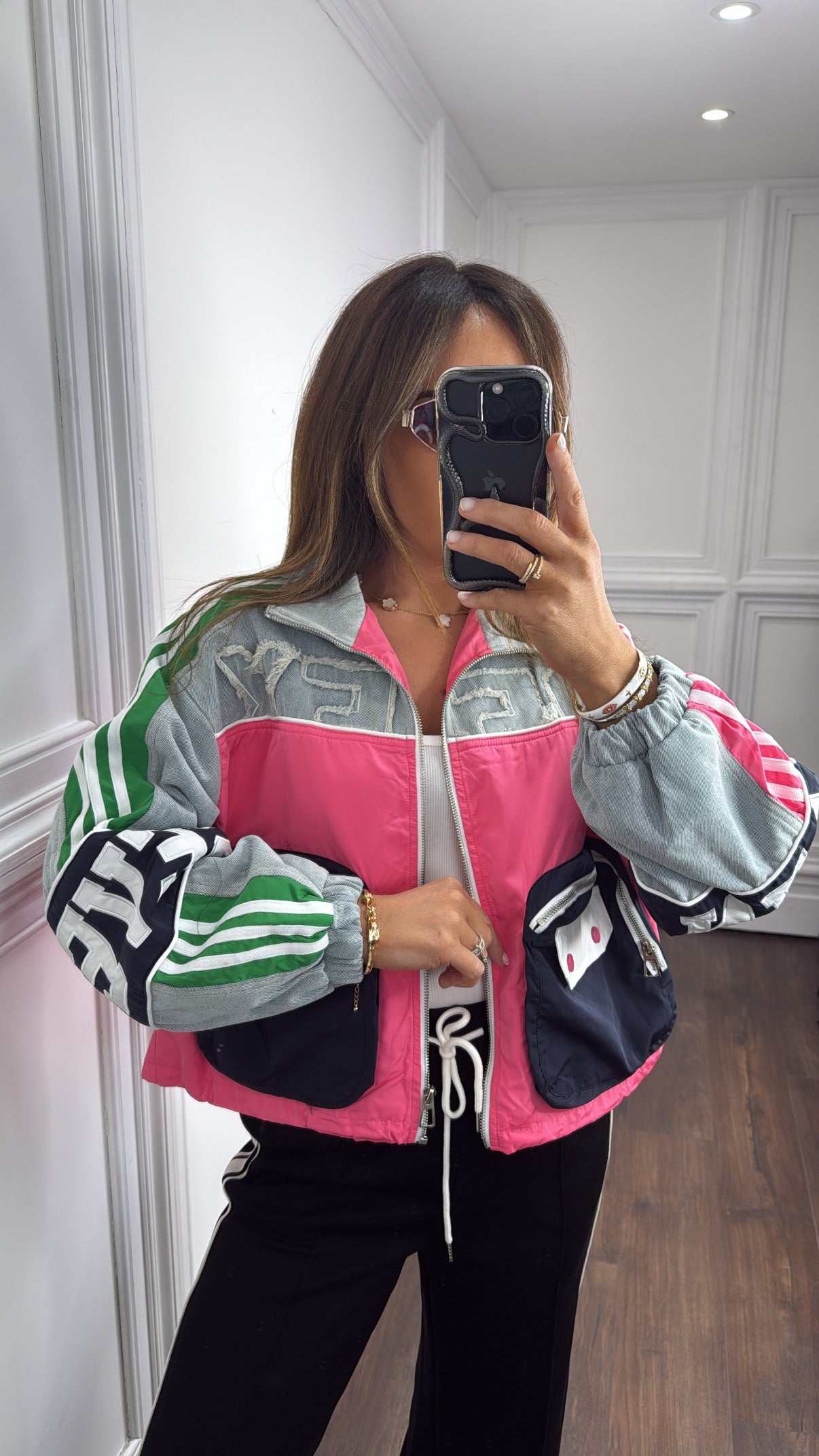 ROXI blue patchwork denim bomber jacket