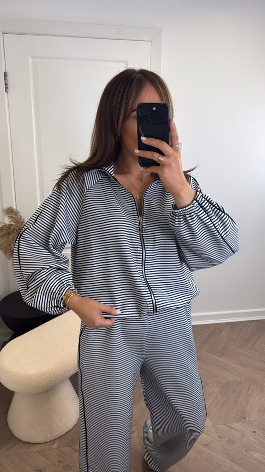VALENCIA navy striped zip up lounge set