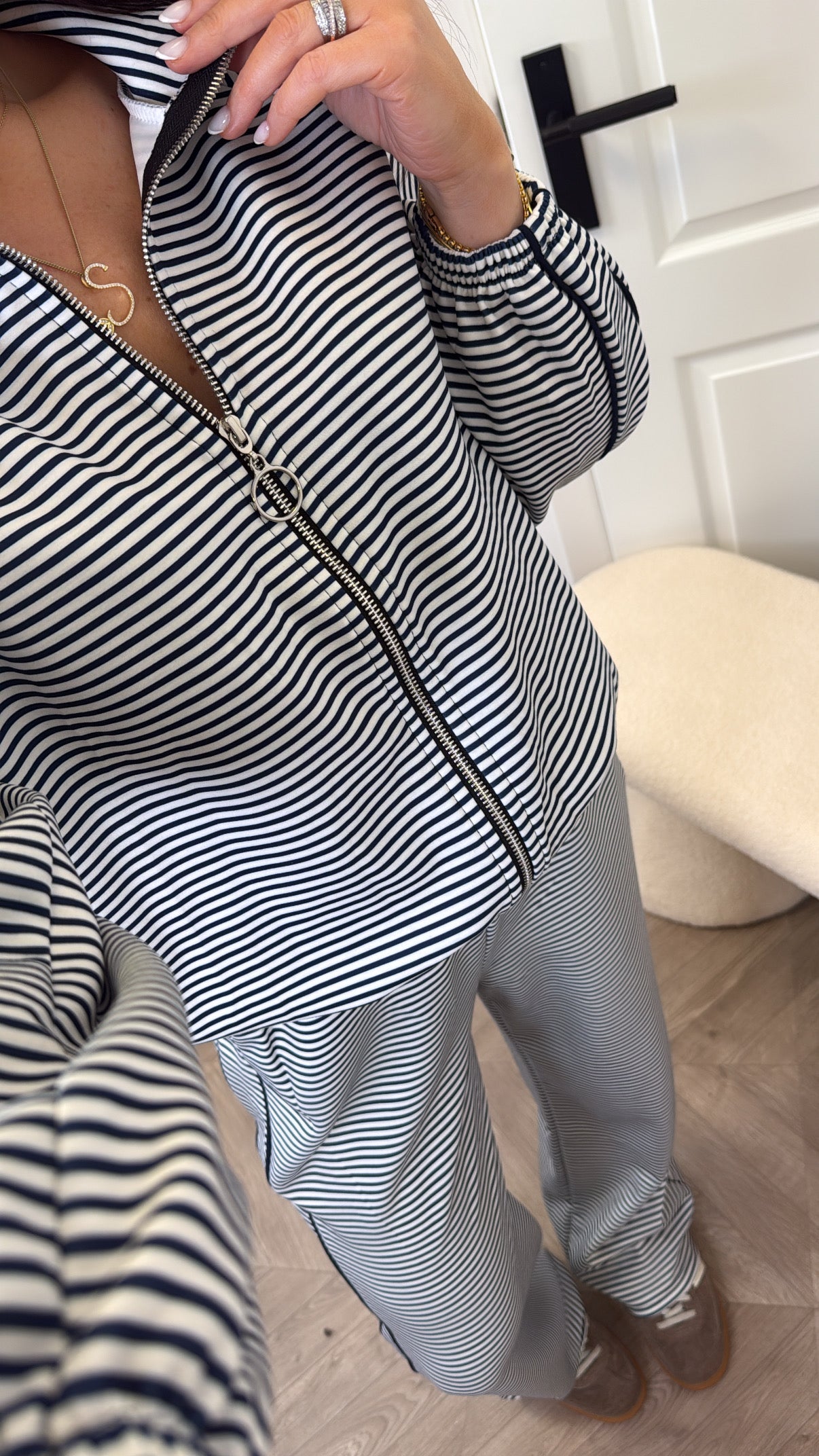 VALENCIA navy striped zip up lounge set