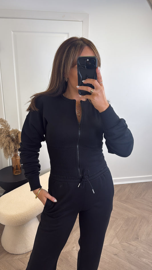 ALLY black fitted zip top lounge set