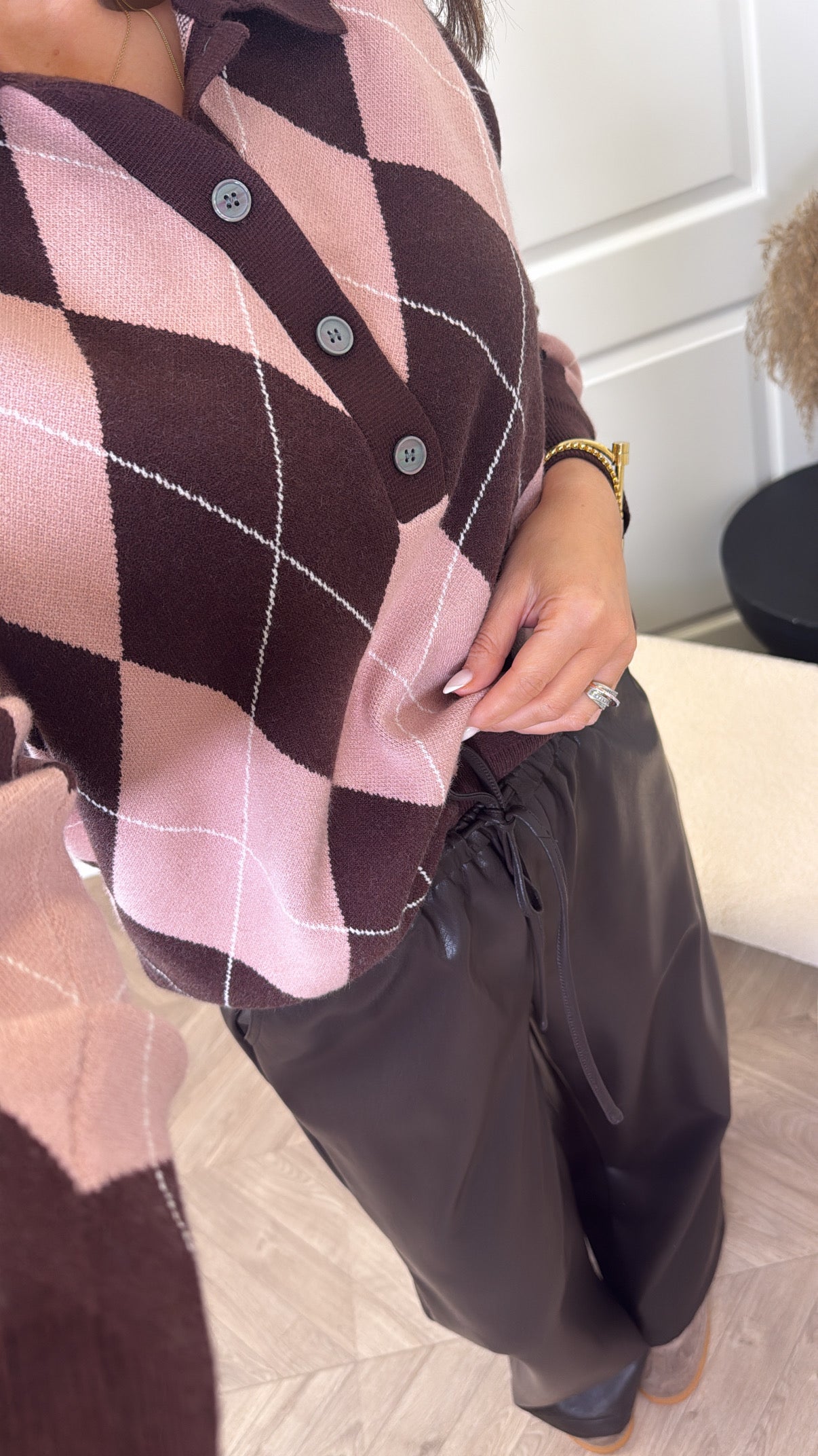 PHOEBE pink and brown argyle print jumper