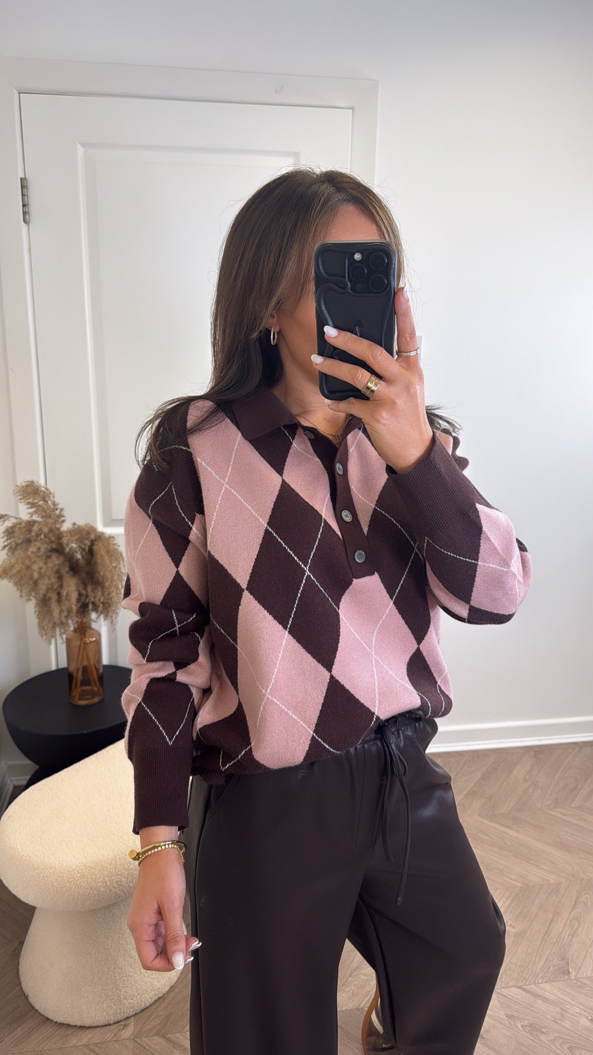 PHOEBE pink and brown argyle print jumper