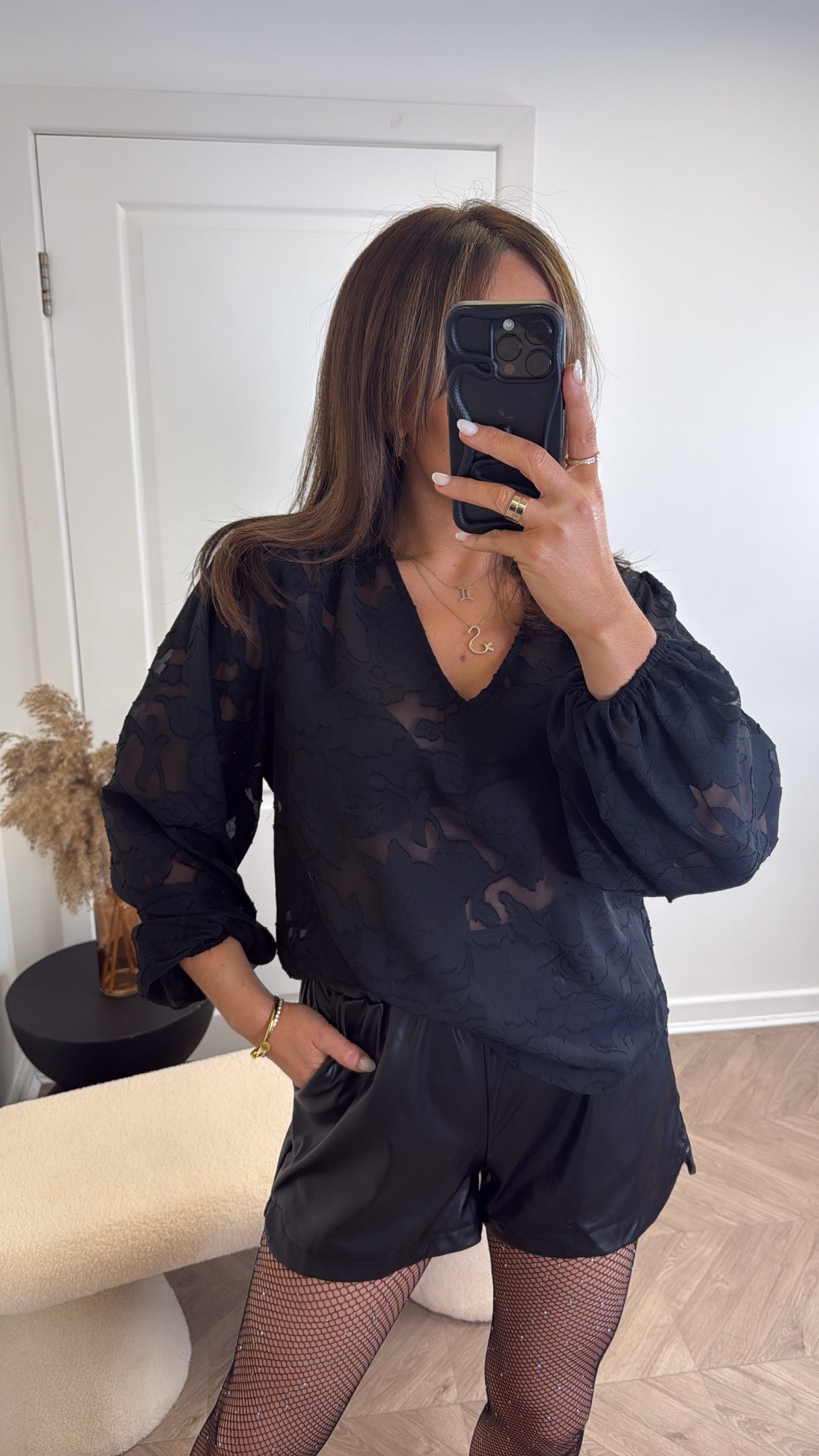 ARIA black semi sheer floral blouse
