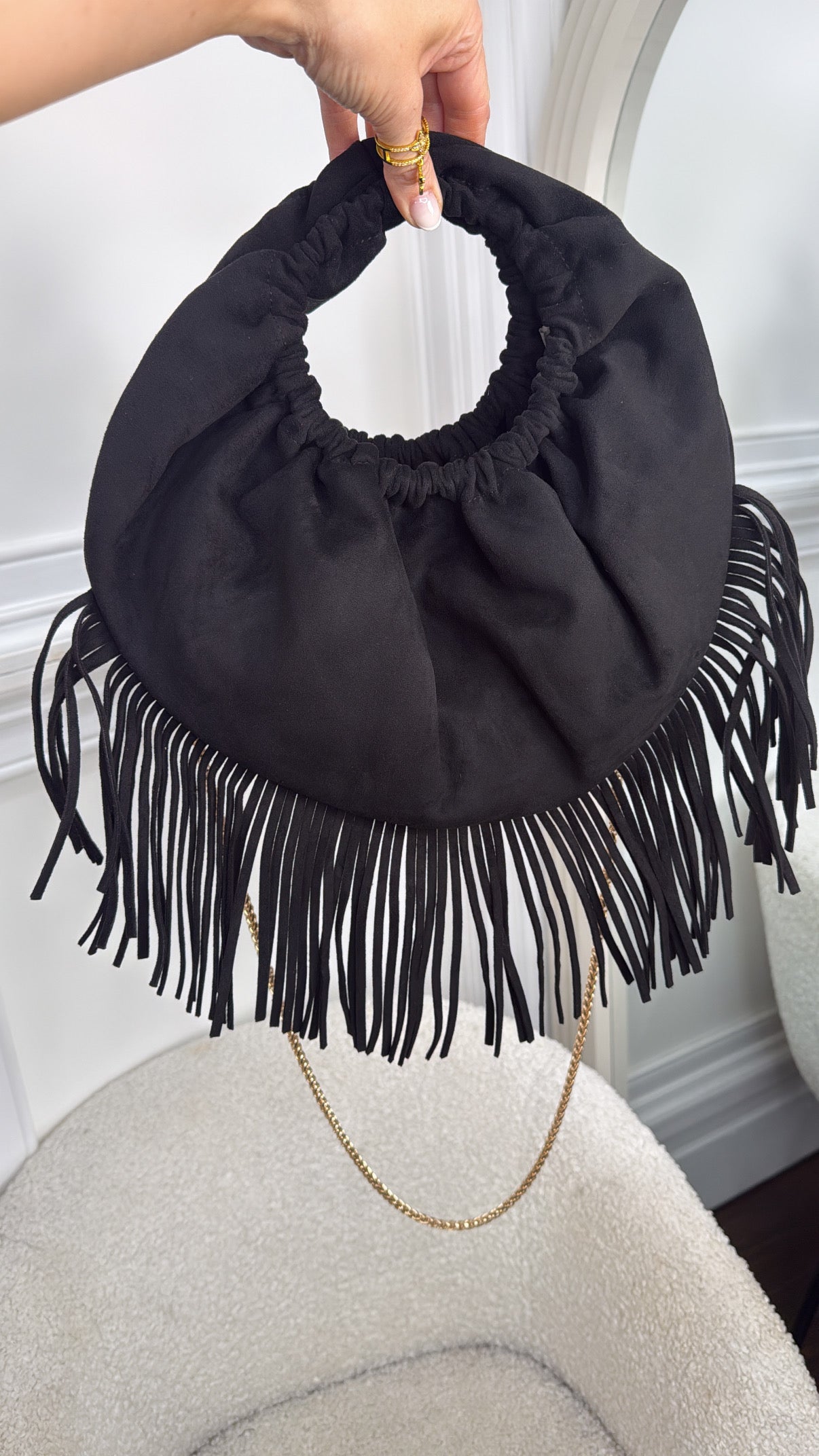 BONITA black faux suede tassel grab bag