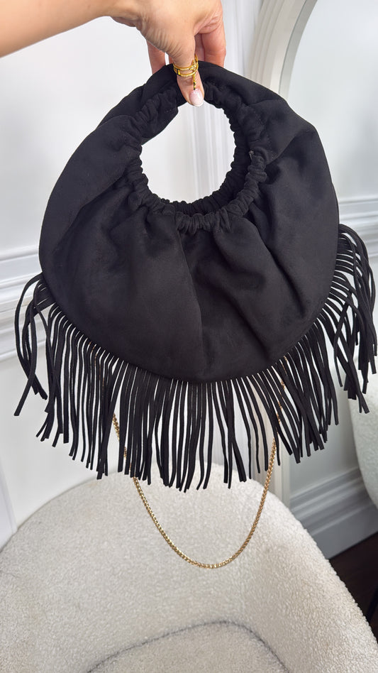 BONITA black faux suede tassel grab bag