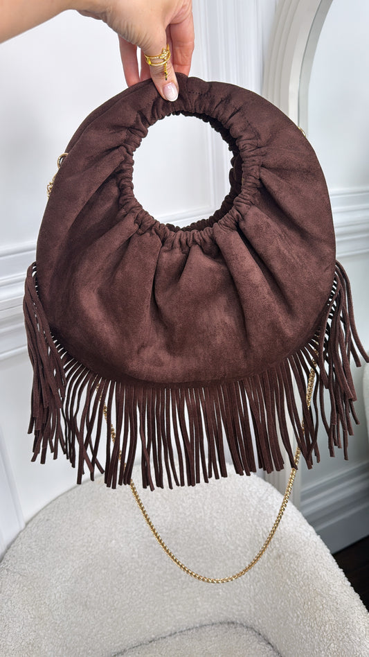 BONITA brown faux suede tassel grab bag