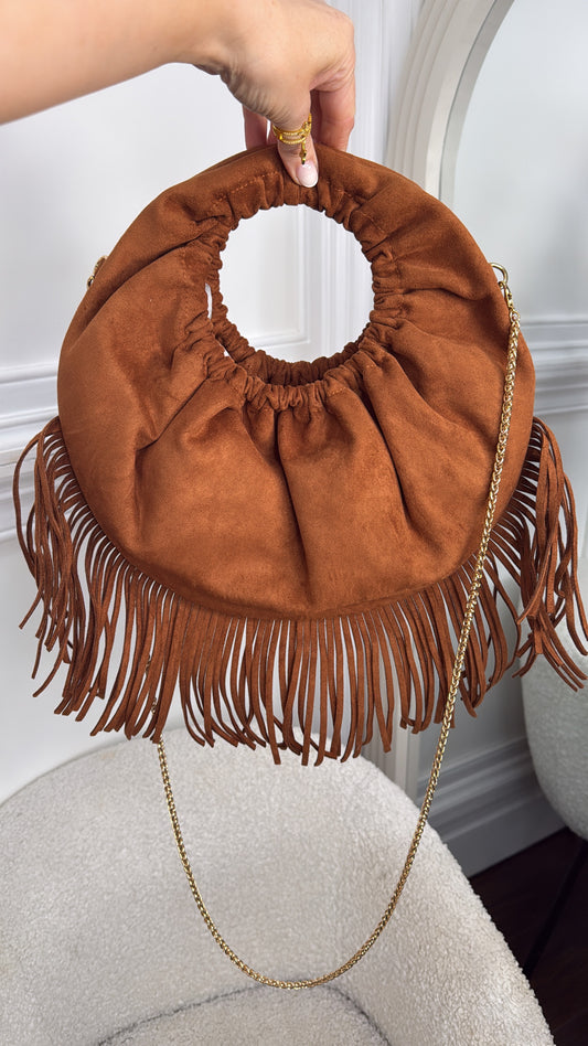 BONITA tan faux suede tassel grab bag