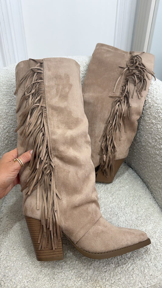 JOSIE beige tassel knee high cow boy boots