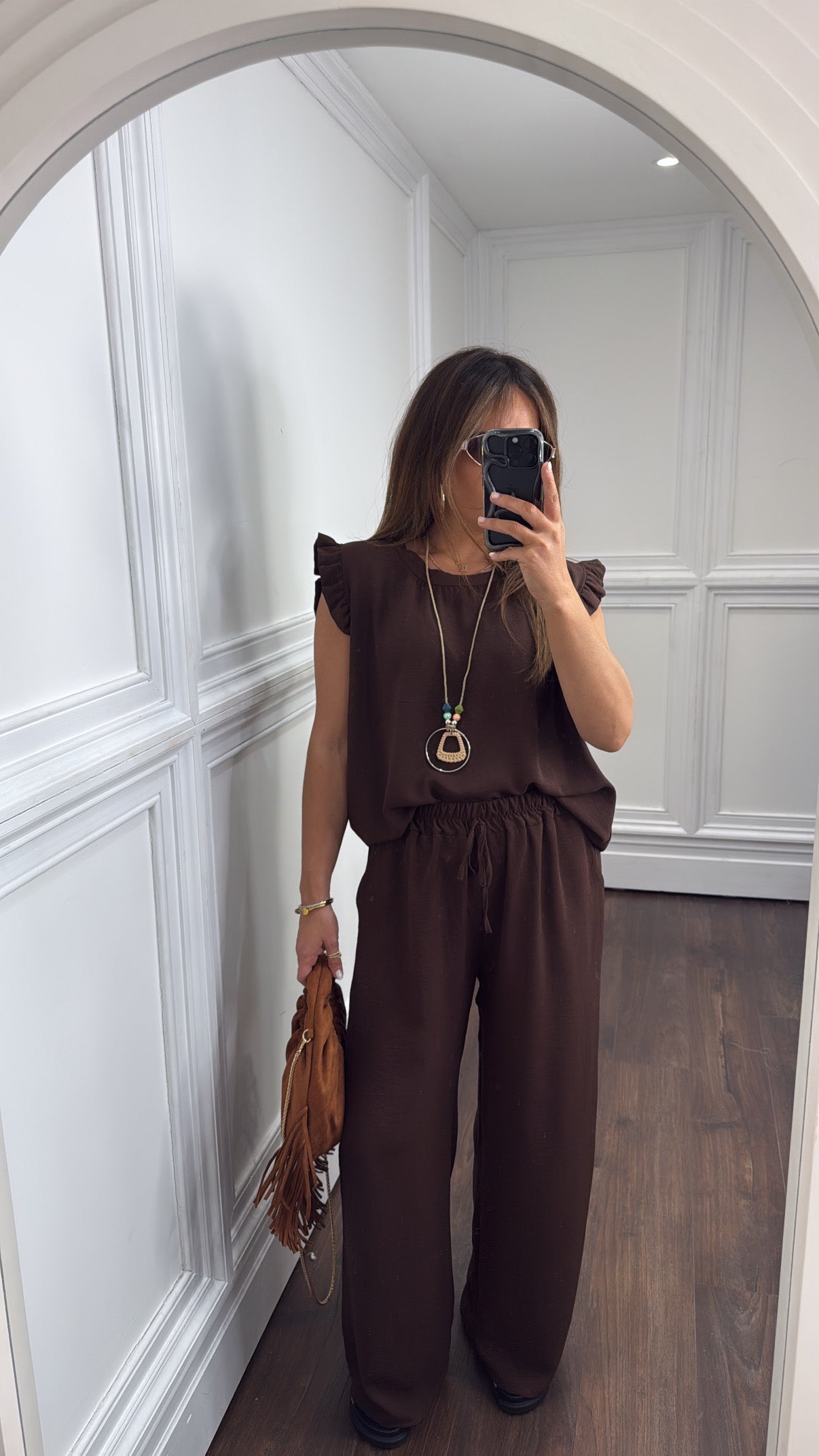 NINA brown ruffle top and wide leg co-ord setk