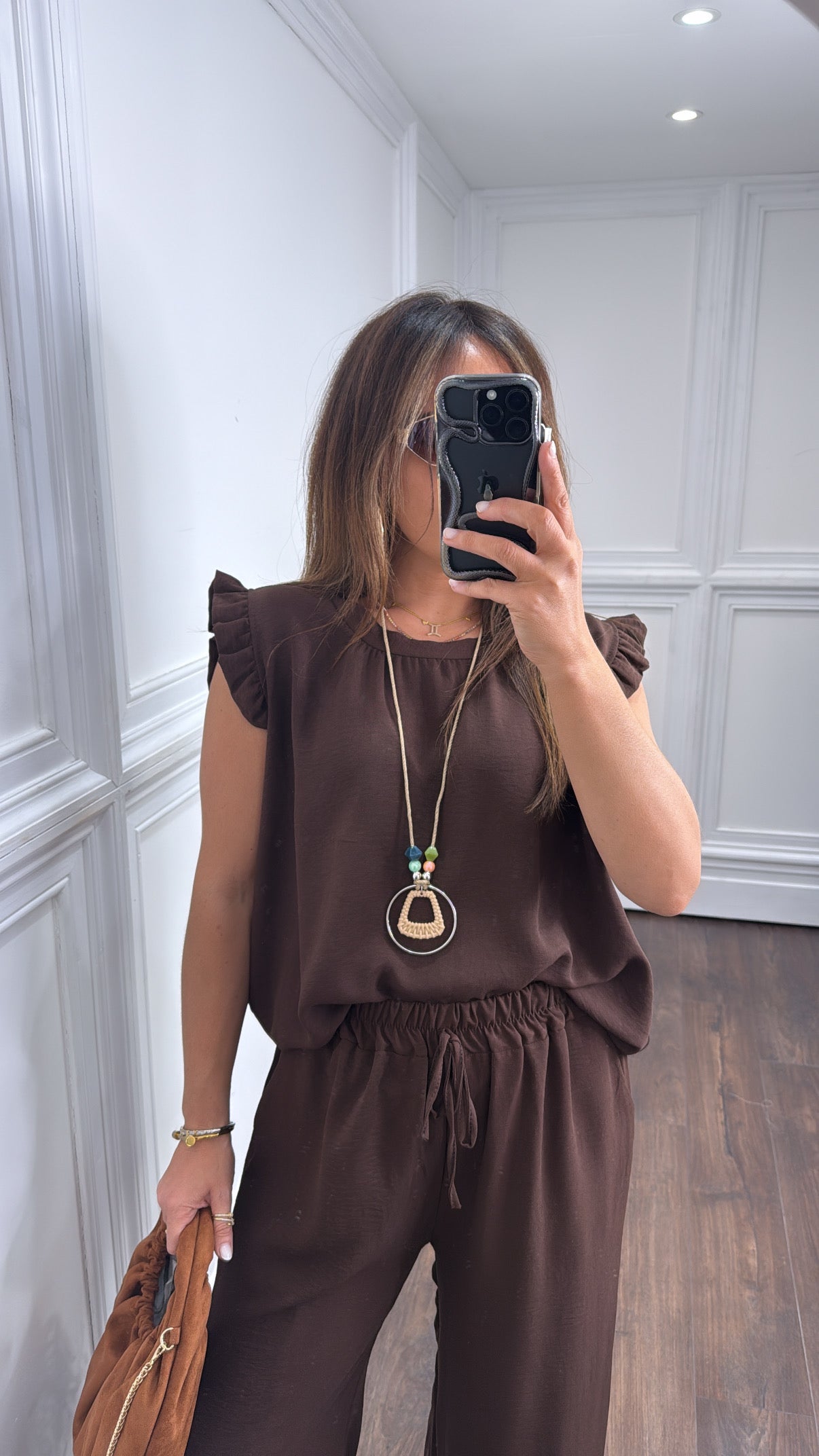 NINA brown ruffle top and wide leg co-ord setk