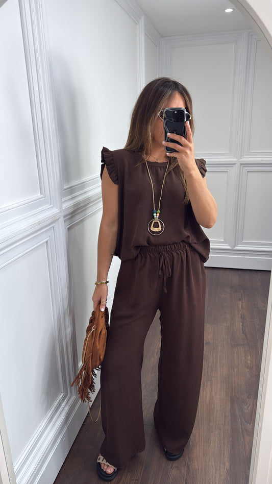 NINA brown ruffle top and wide leg co-ord setk