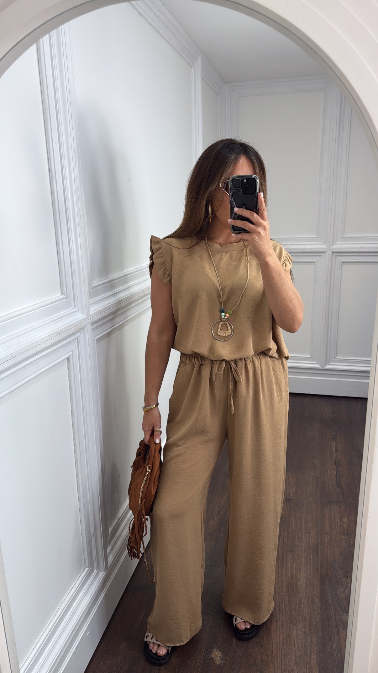 NINA camel ruffle top and wide leg co-ord set