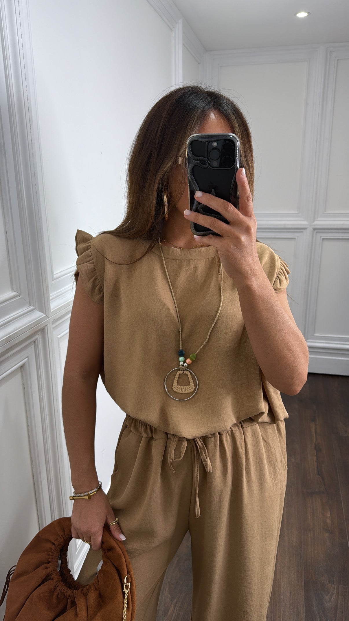 NINA camel ruffle top and wide leg co-ord set