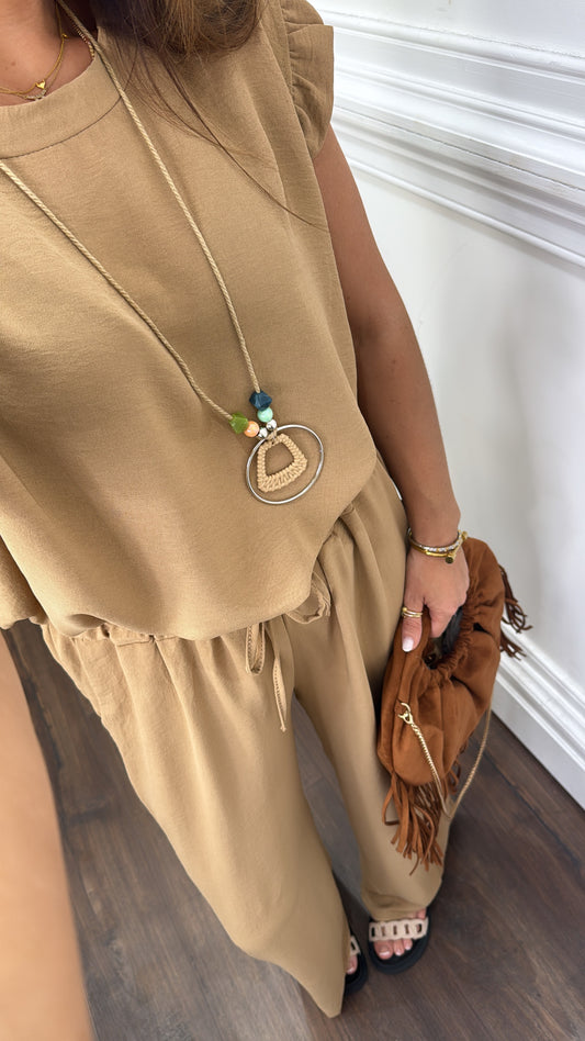 NINA camel ruffle top and wide leg co-ord set