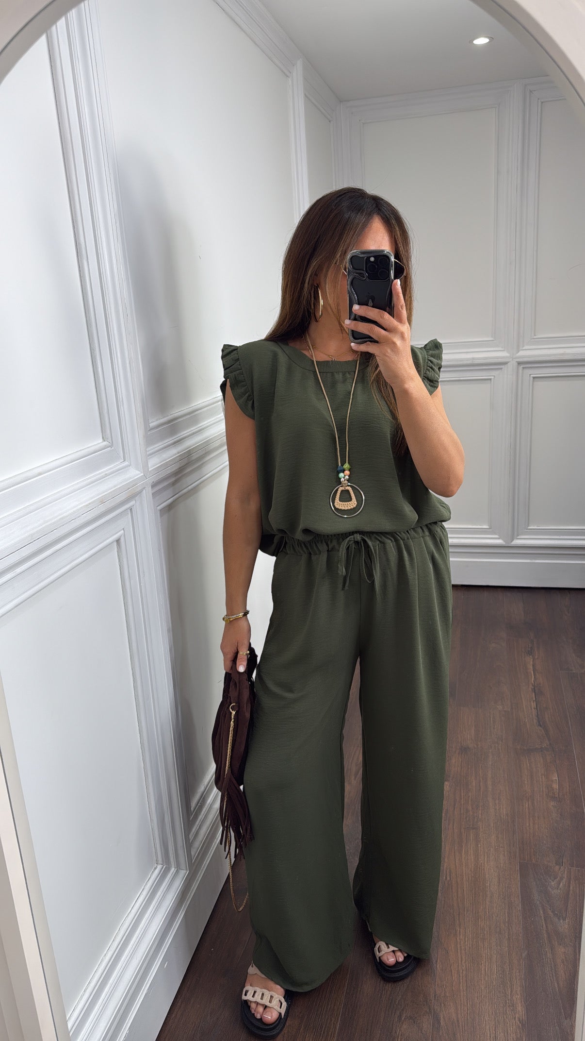 NINA khaki ruffle top and wide leg co-ord setk
