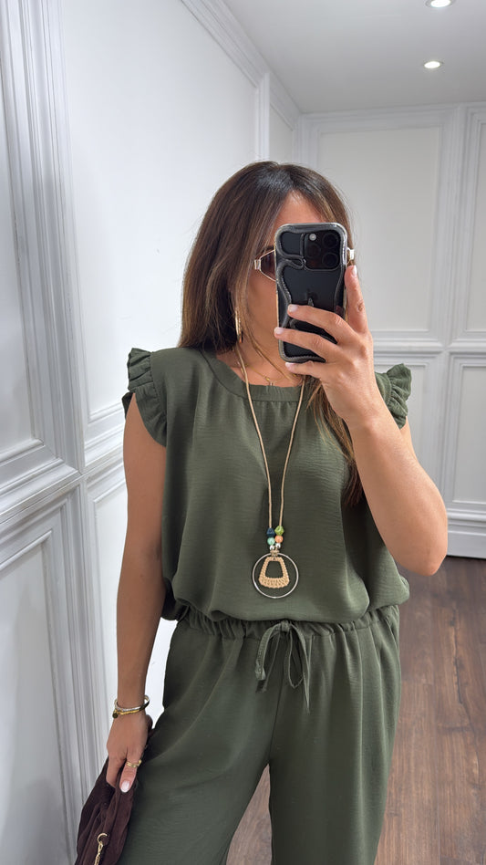 NINA khaki ruffle top and wide leg co-ord setk