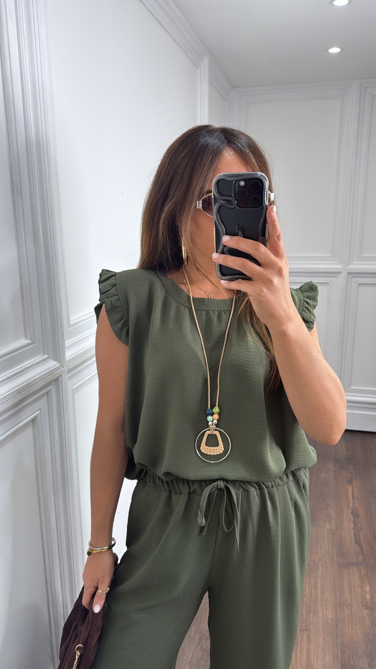 NINA khaki ruffle top and wide leg co-ord setk