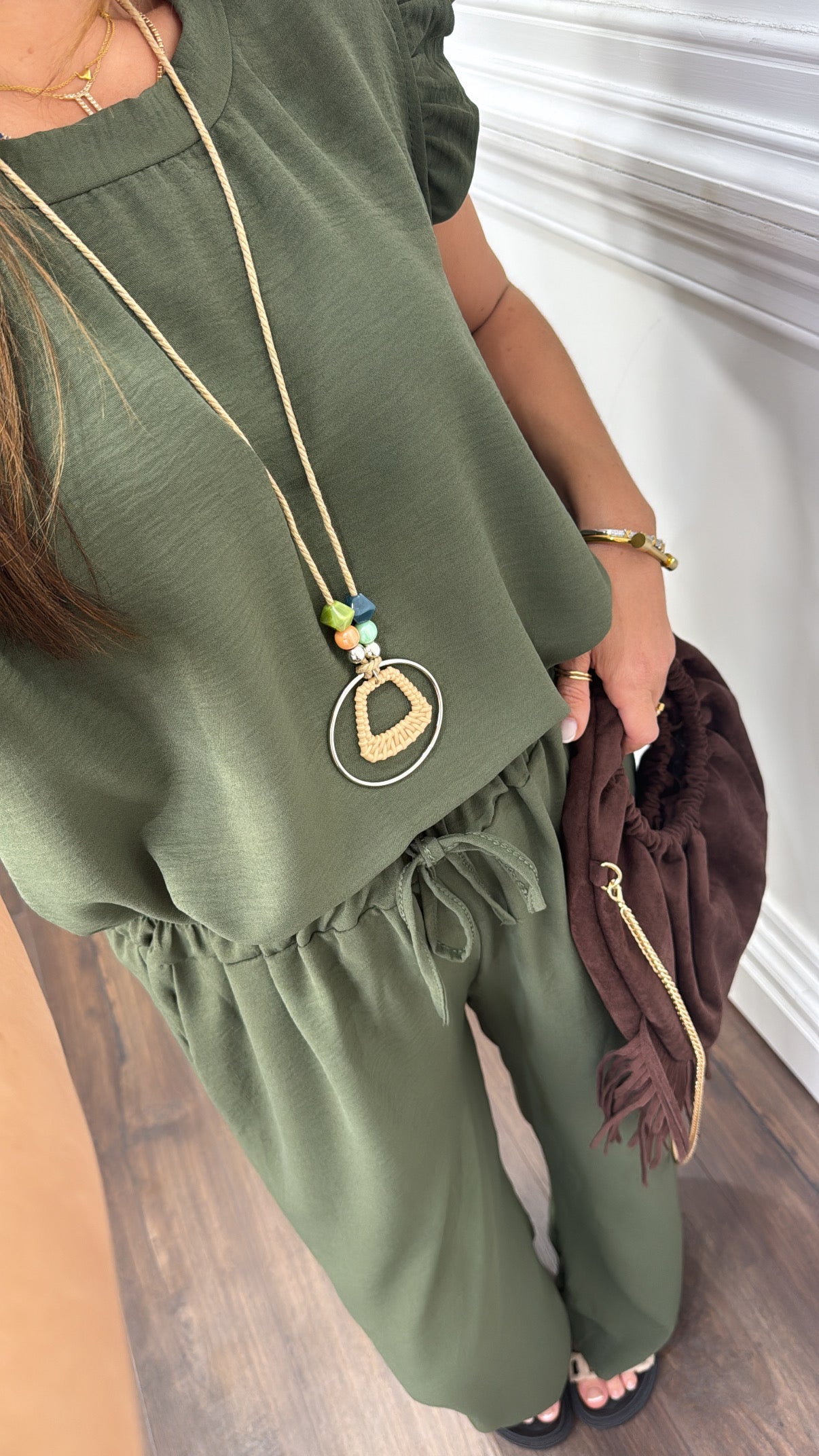 NINA khaki ruffle top and wide leg co-ord setk