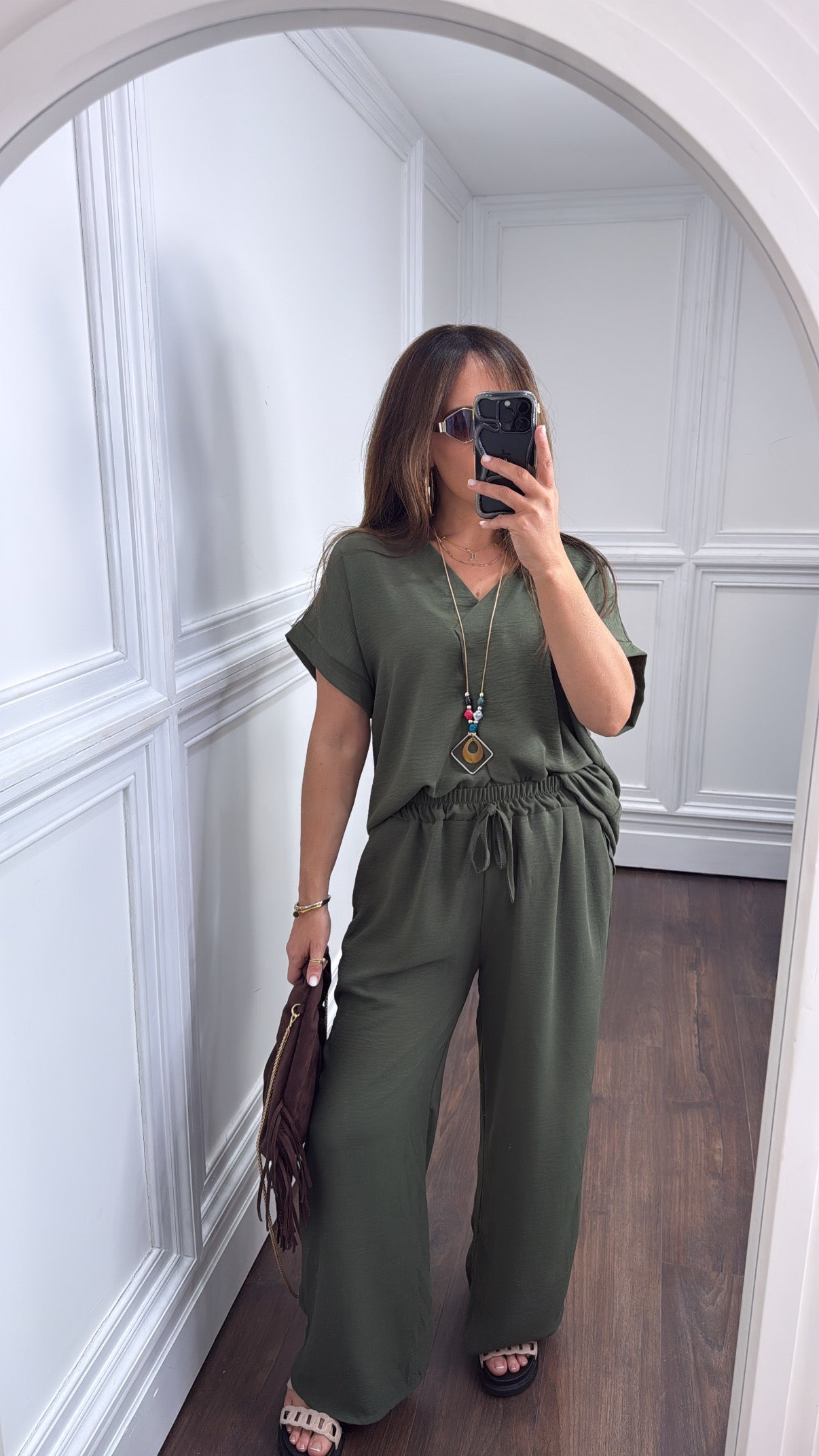SERENE khaki tunic top and wide leg co-ord with necklace