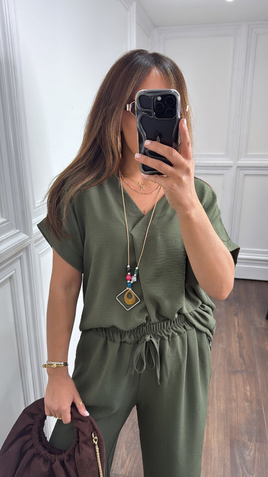 SERENE khaki tunic top and wide leg co-ord with necklace