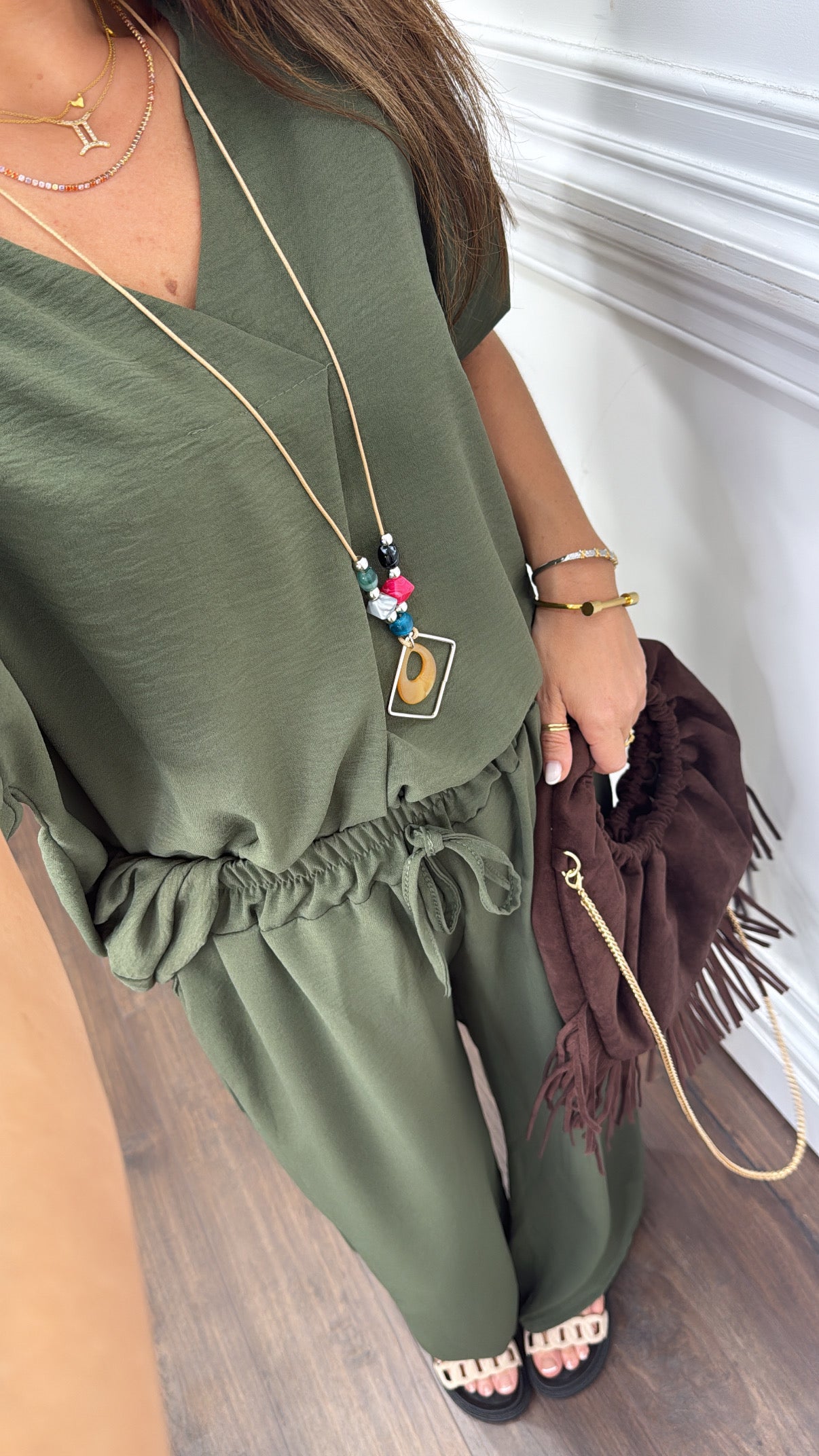 SERENE khaki tunic top and wide leg co-ord with necklace