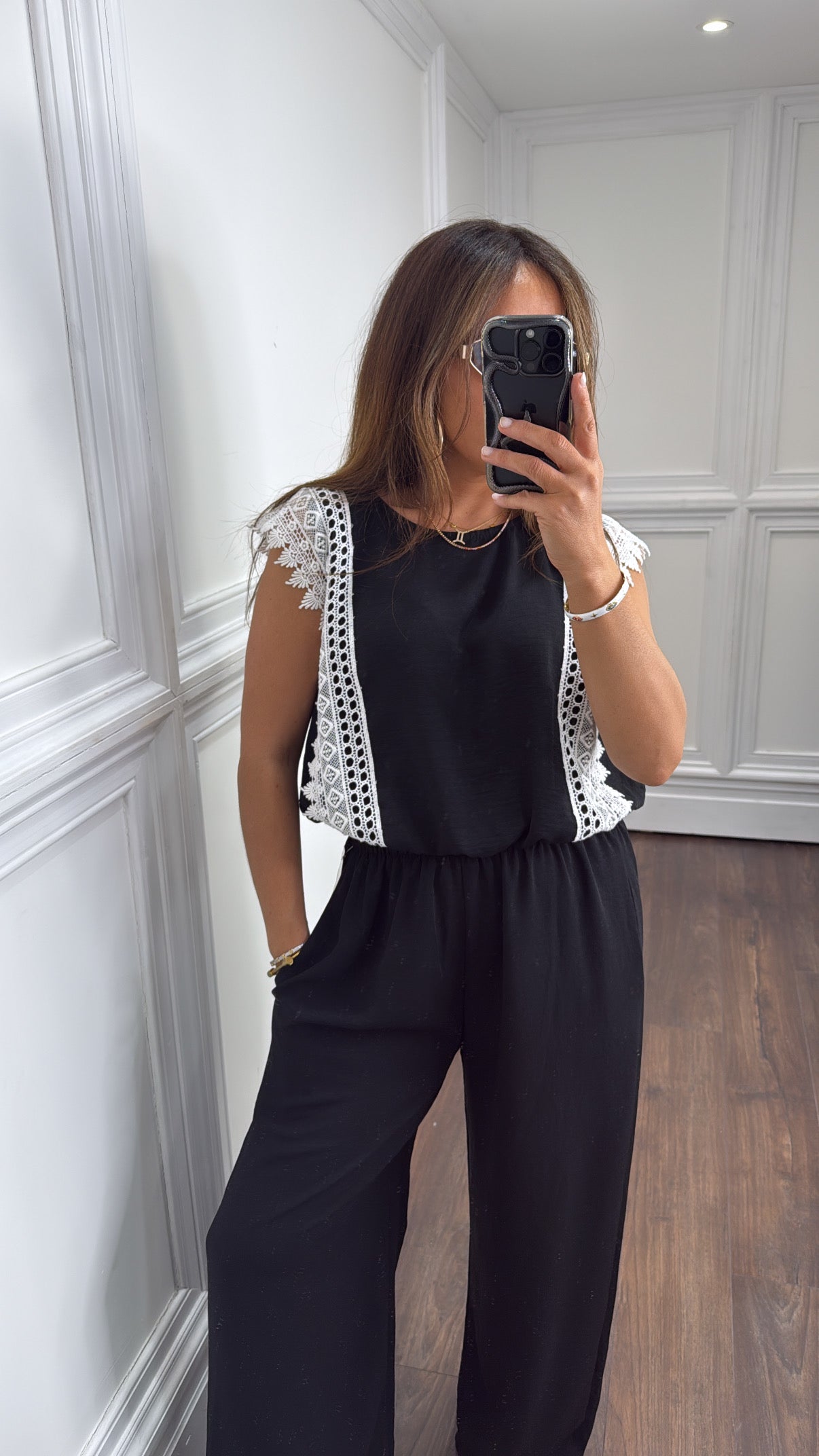 CHILA black crochet appliqué top and wide leg trouser co-ord