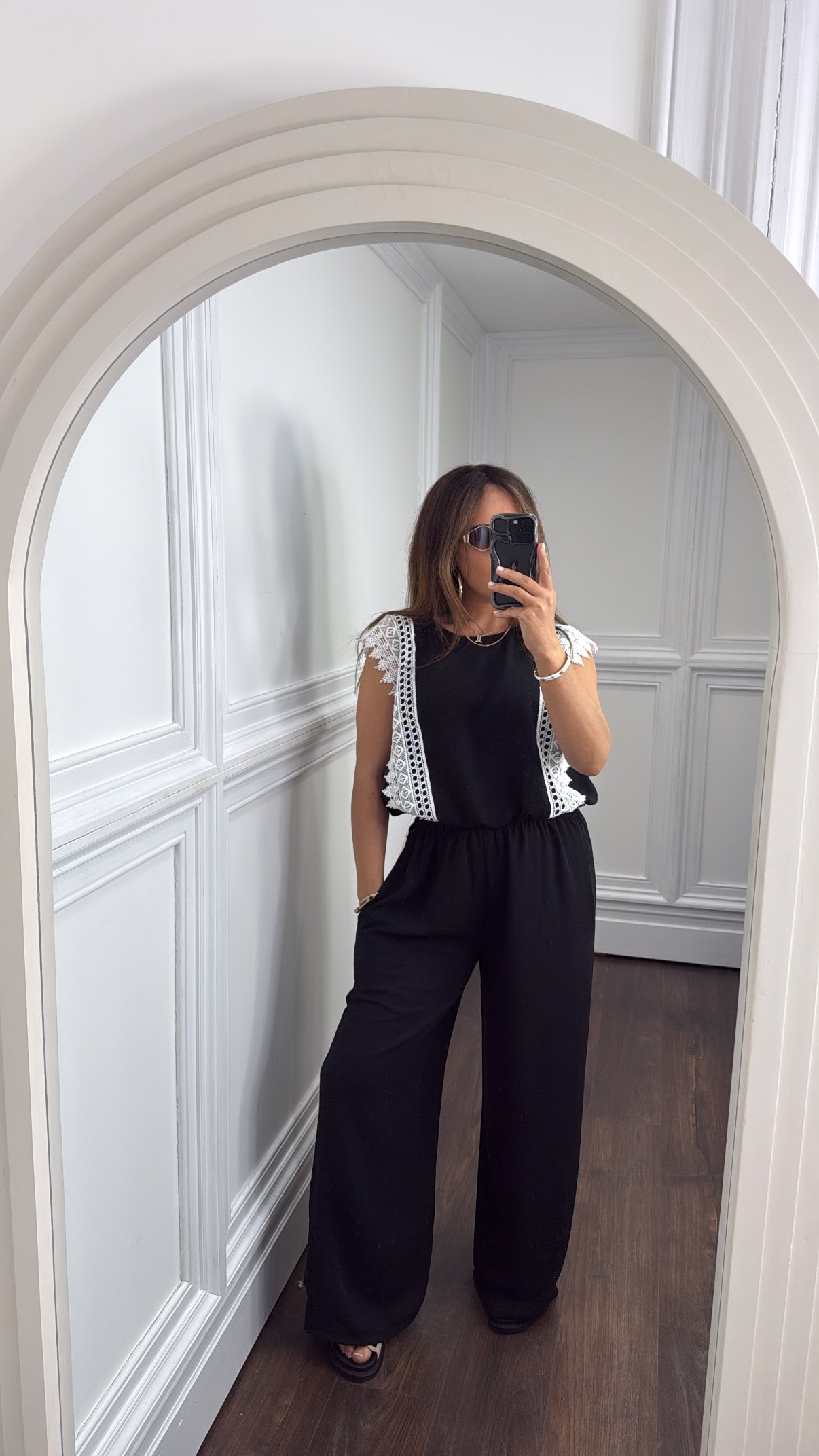 CHILA black crochet appliqué top and wide leg trouser co-ord