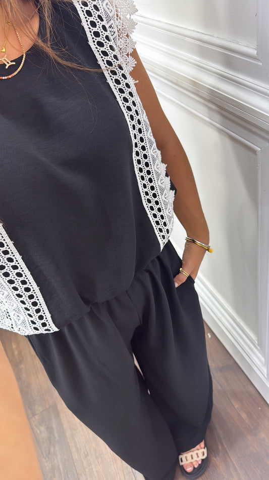 CHILA black crochet appliqué top and wide leg trouser co-ord