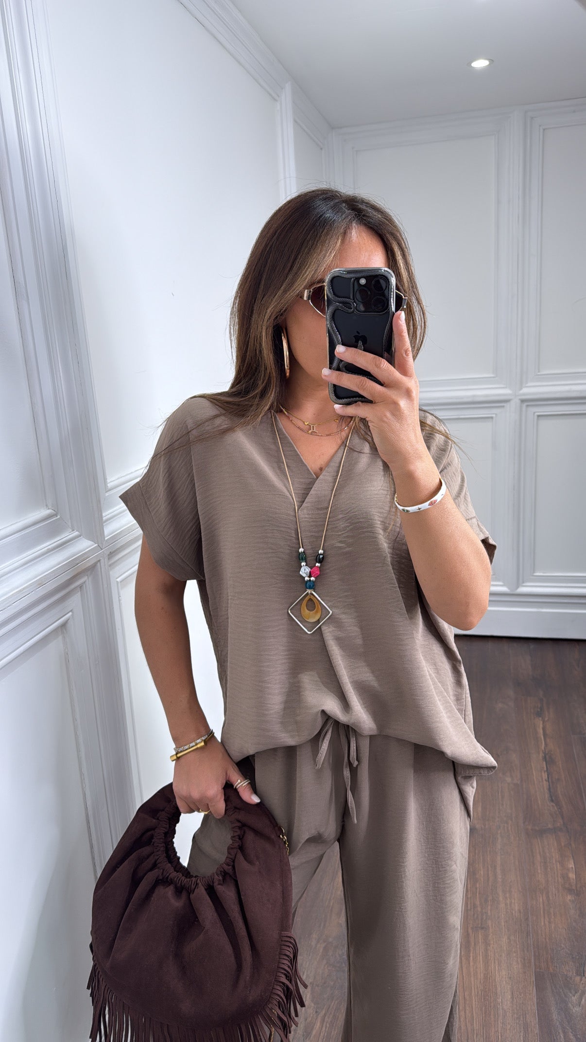 SERENE mocha tunic top and wide leg co-ord with necklace