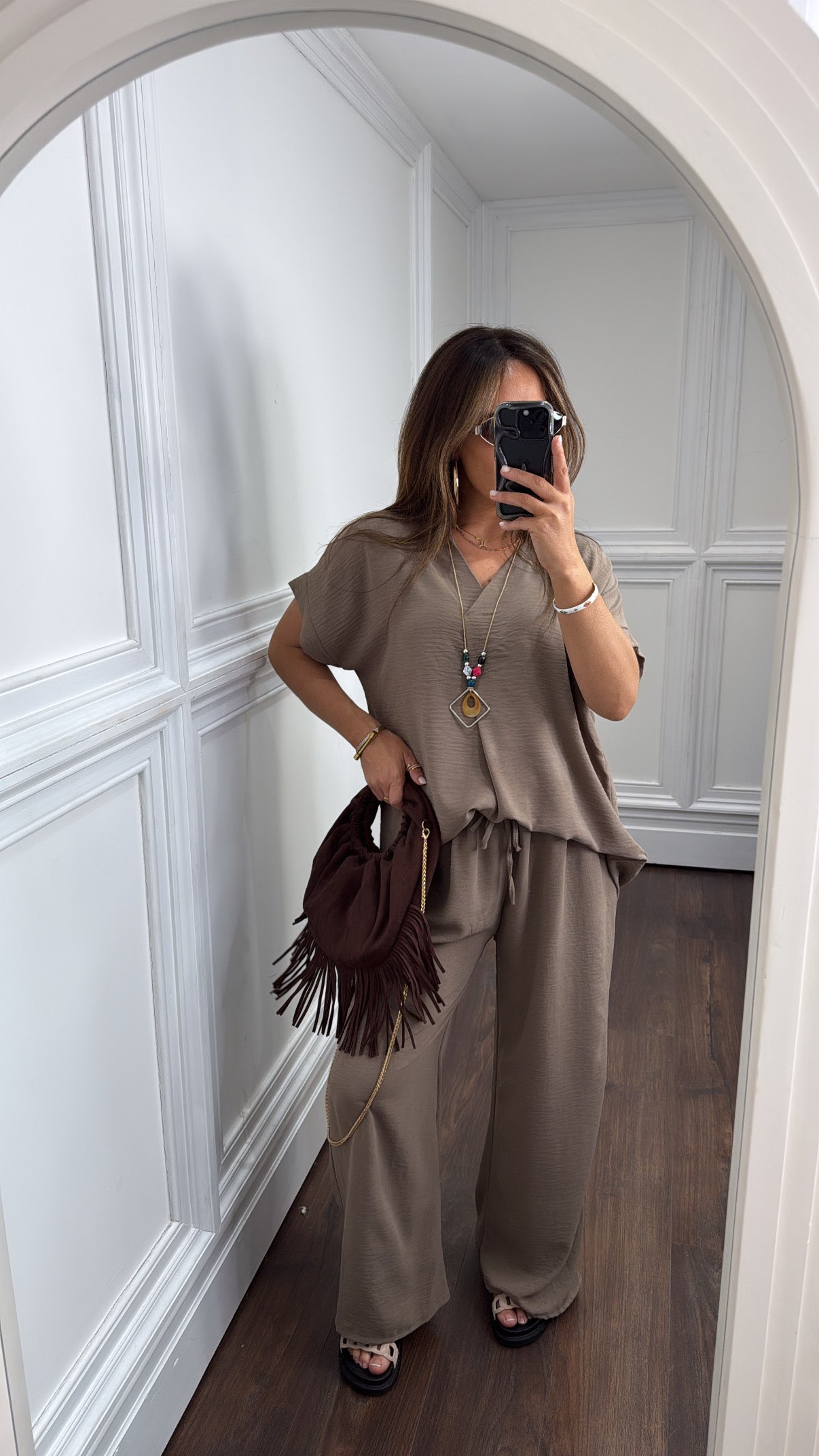 SERENE mocha tunic top and wide leg co-ord with necklace