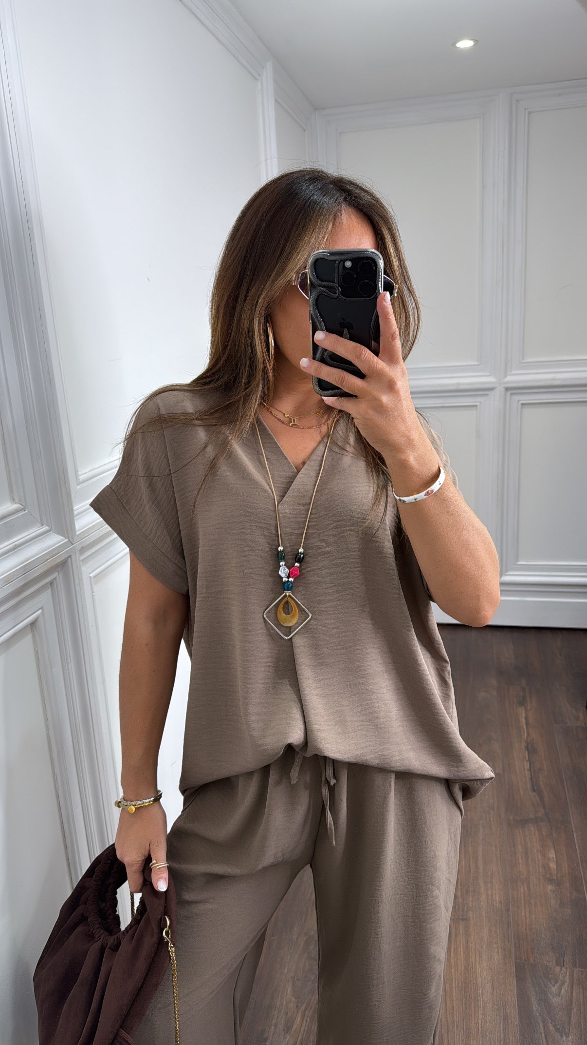 SERENE mocha tunic top and wide leg co-ord with necklace