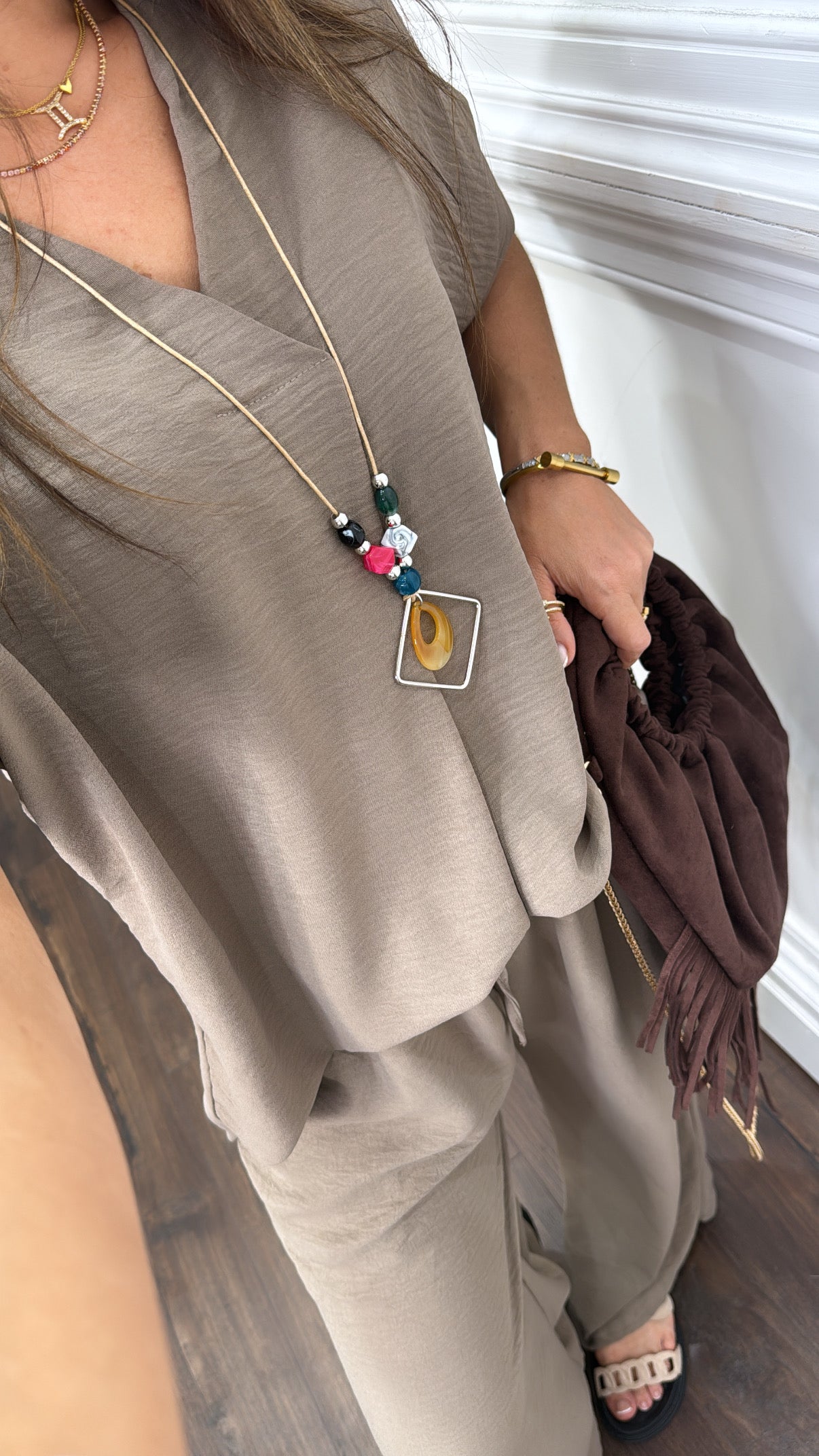 SERENE mocha tunic top and wide leg co-ord with necklace