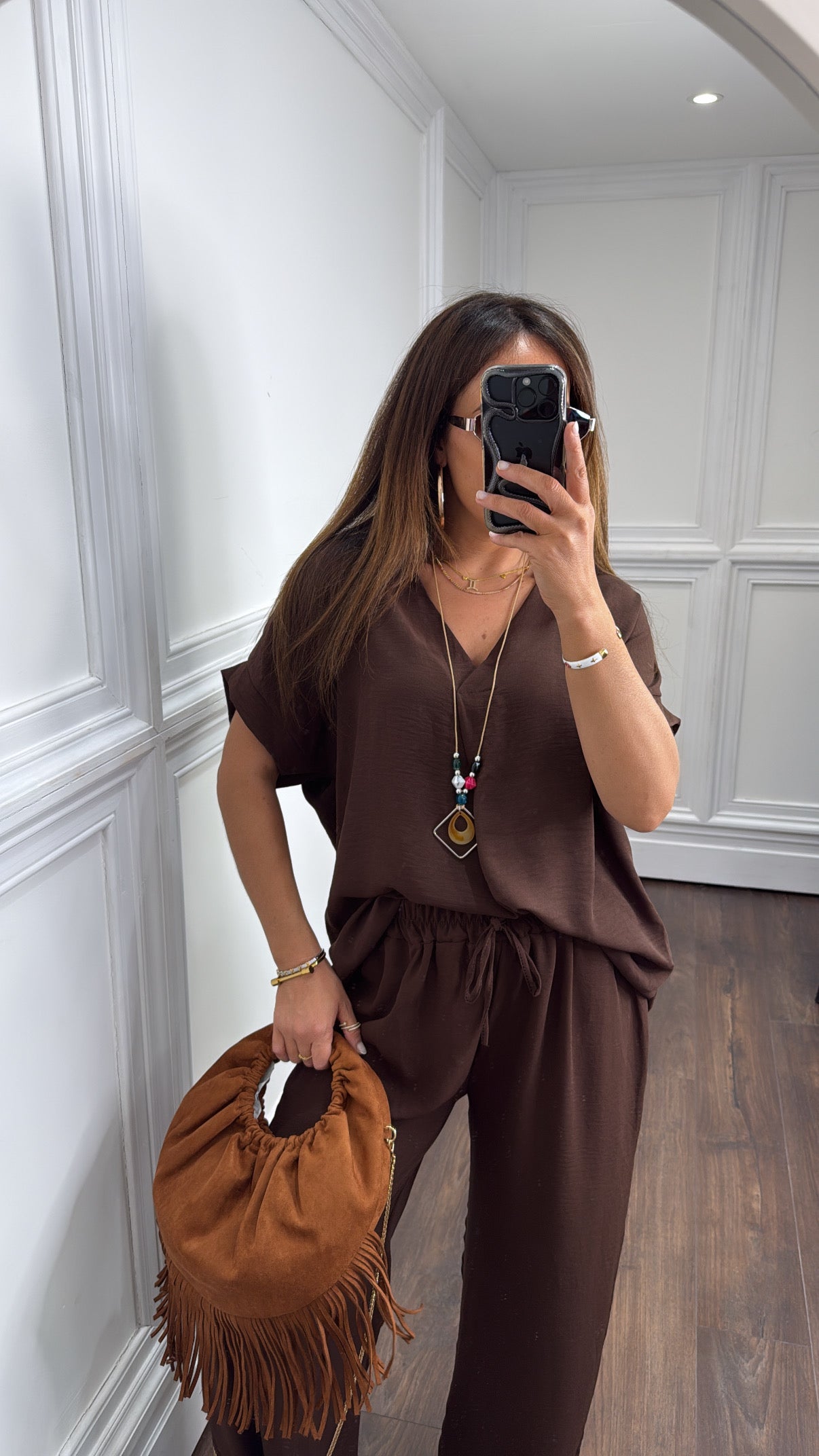 SERENE brown tunic top and wide leg co-ord with necklace
