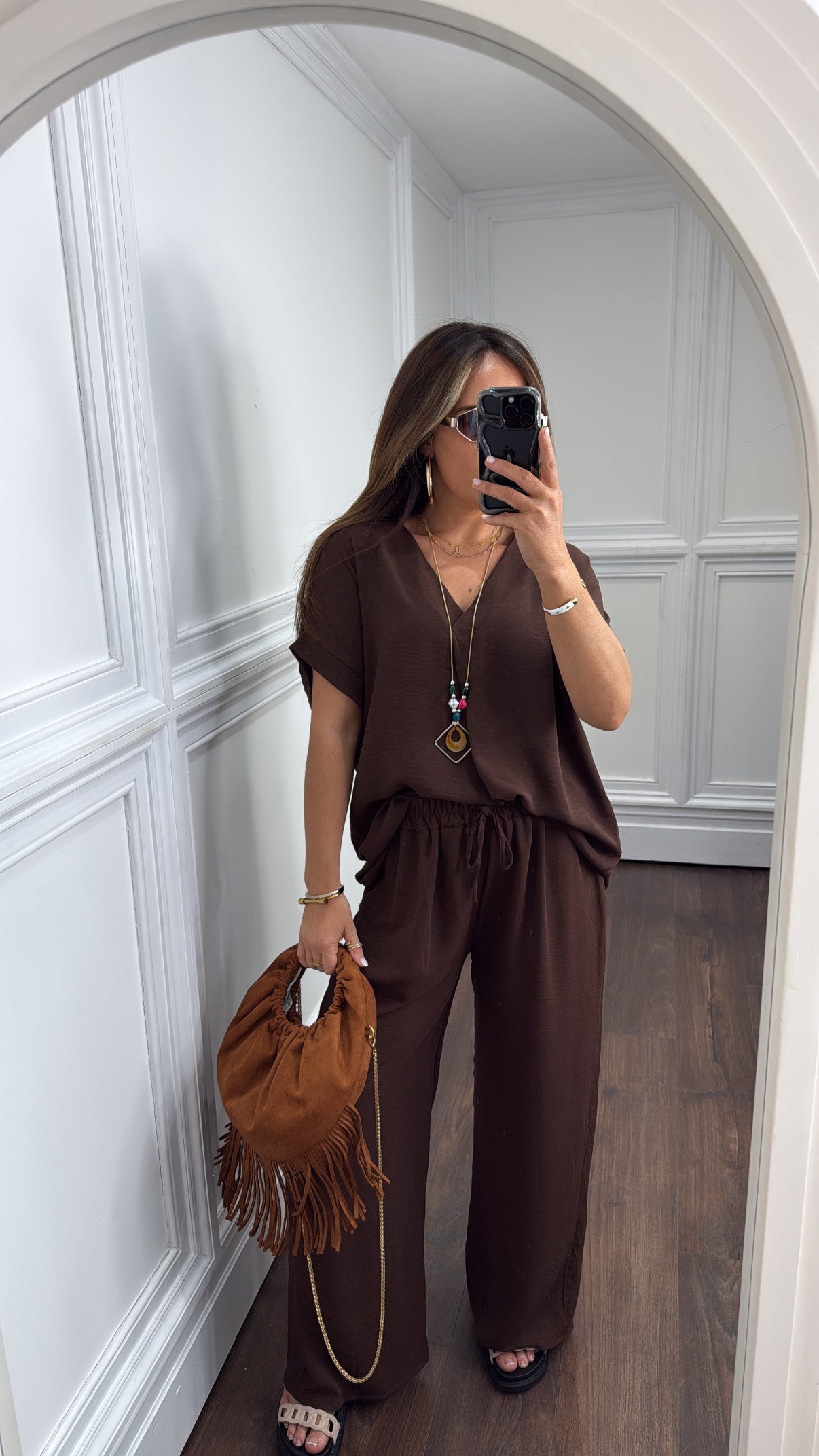 SERENE brown tunic top and wide leg co-ord with necklace