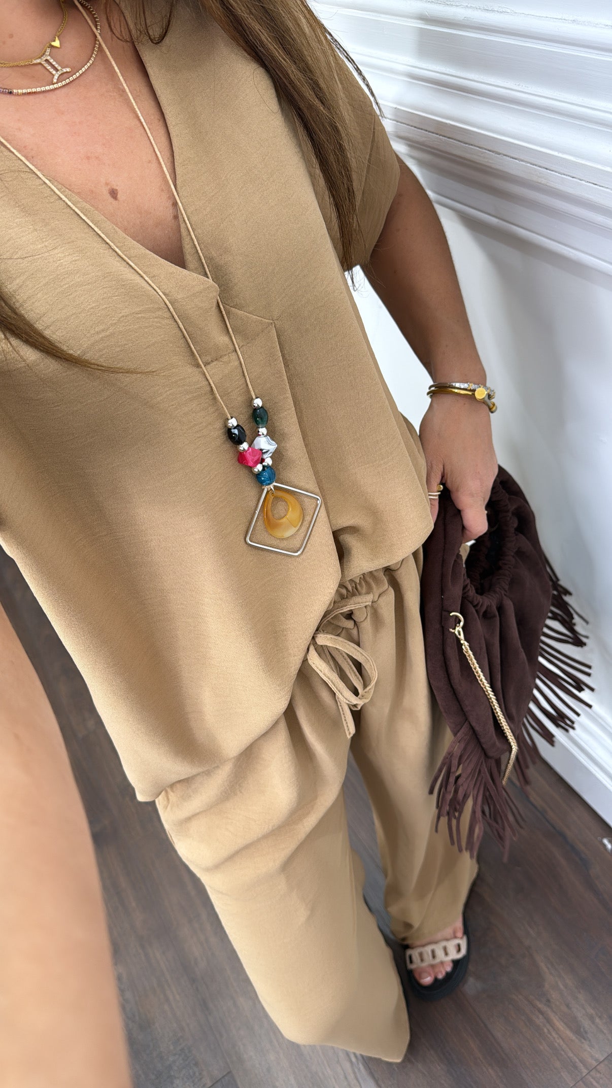 SERENE camel tunic top and wide leg co-ord with necklace